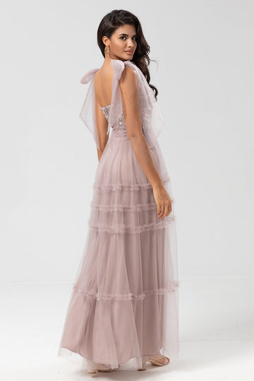 Keeper of My Heart A-Line V Neck Dusty Pink Long Bridesmaid Dress med perler